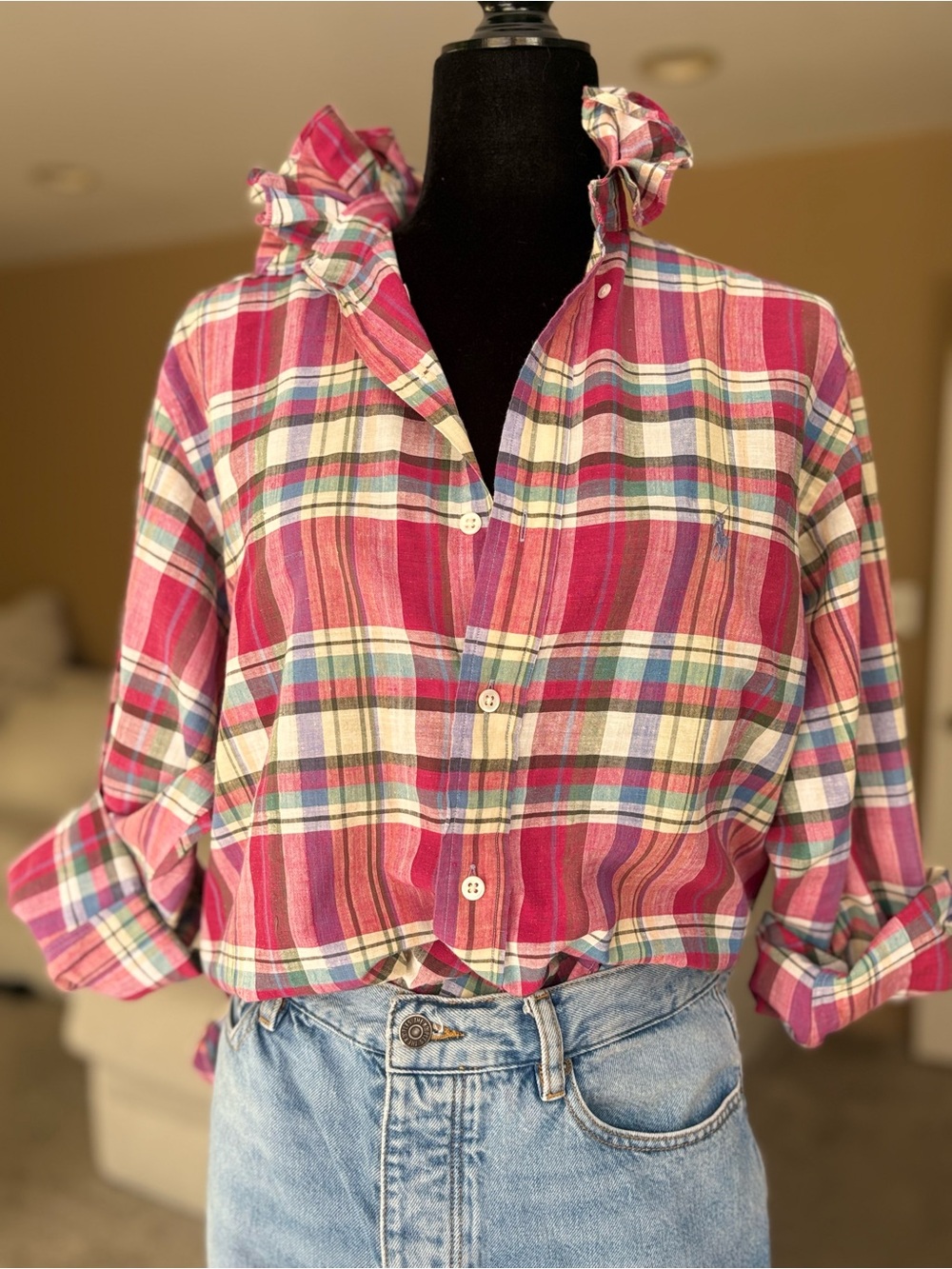 Reworked Ralph Lauren Plaid Button-Up Ruffle Collar size large